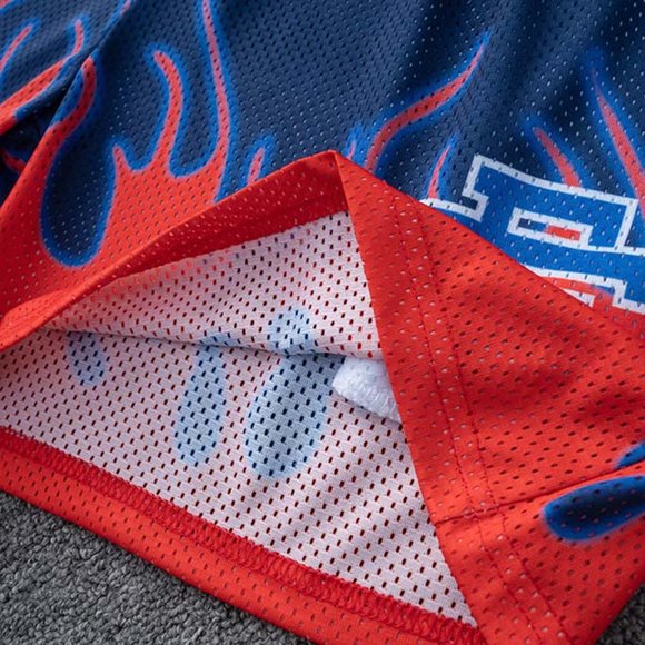 Eric Emanuel EE logo Red Flame Print Casual Blue Sports Shorts - Picture 11 of 12